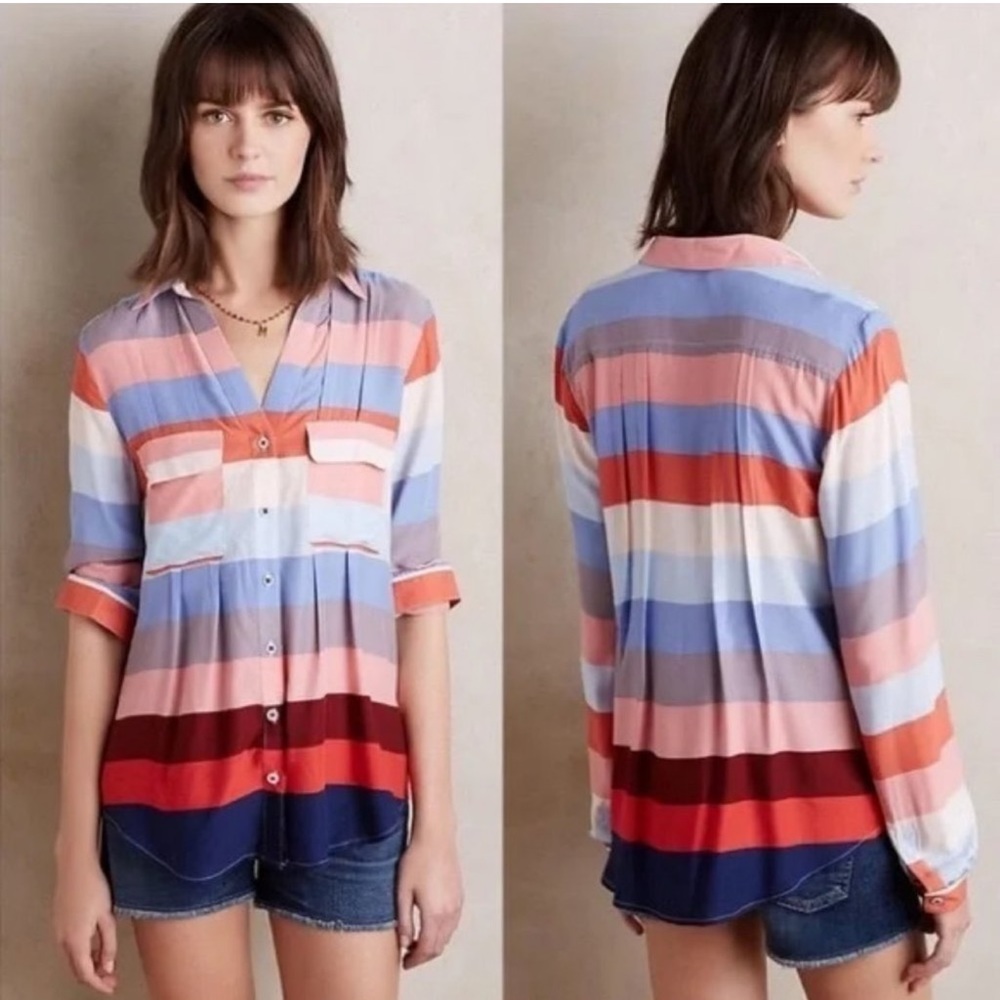 Maeve Anthropologie Wynwood color blocking button down blouse blue red white